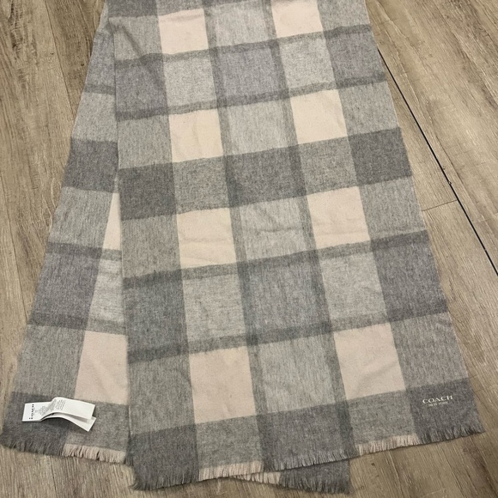 Coach Gray and Cream Checkered Scarf 95% Wool, 5% Cashmere
